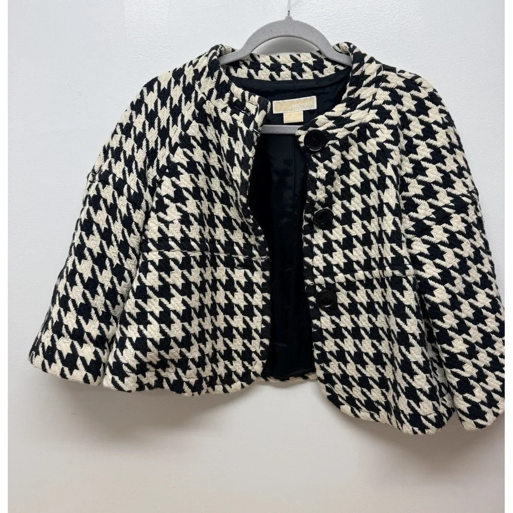 Michael‎ Michael Kors Houndstooth Quilted Crop Jacket Black Cream Size P #36